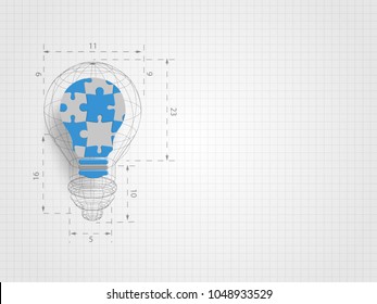 Lightbulb wireframe with ratio containing pieces of jigsaw on grid background represent design thinking and innovation concept. Business and idea concept. Technology background. 