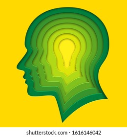 Lightbulb within human profile shape. Deep paper layered cut out art in origami style. Vector illustration of creative thinking, concept of innovation idea for cards, posters, flyers, stickers.