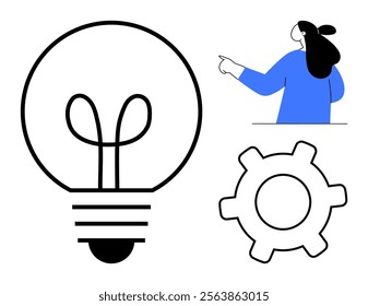 Lightbulb, woman in blue pointing, and gear symbol. Ideal for technology, innovation, engineering, creativity, problem-solving. Simple minimalistic style