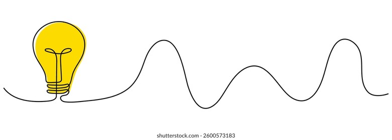 Lightbulb with yellow light continuous line drawing. Idea concept. Electric lamp. Brainstorm symbol. Vector isolated on white.
