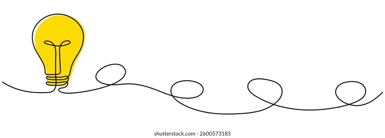 Lightbulb with yellow light continuous line drawing. Idea concept. Electric lamp. Brainstorm symbol. Vector isolated on white.