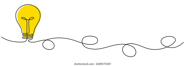 Lightbulb with yellow light continuous line drawing. Idea concept. Electric lamp. Brainstorm symbol. Vector isolated on white.