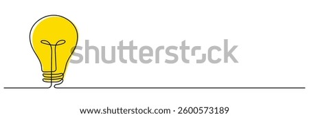Lightbulb with yellow light continuous line drawing. Idea concept. Electric lamp. Brainstorm symbol. Vector isolated on white.