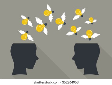 Lightbulbs flying from human head to other head. idea concept