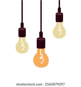 Lightbulbs hanging on cords. Light bulbs decoration in retro style. Pendant lamps, cozy hygge interior decor. Modern electric illumination. Flat vector illustration isolated on white background