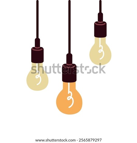 Lightbulbs hanging on cords. Light bulbs decoration in retro style. Pendant lamps, cozy hygge interior decor. Modern electric illumination. Flat vector illustration isolated on white background