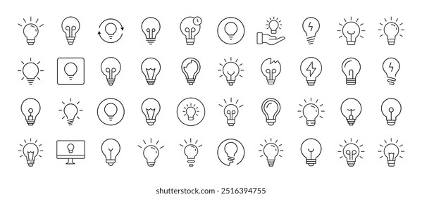 Bombillas, lámparas Paquete de iconos delgados. Trazo Editable. Conveniente para los Sitios web, libros, tarjetas, App 