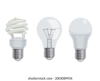Lightbulbs and lamps, cartoon vector icons. Isolated electric LED and incandescent or energy saving light bulbs, cartoon or realistic lamps set