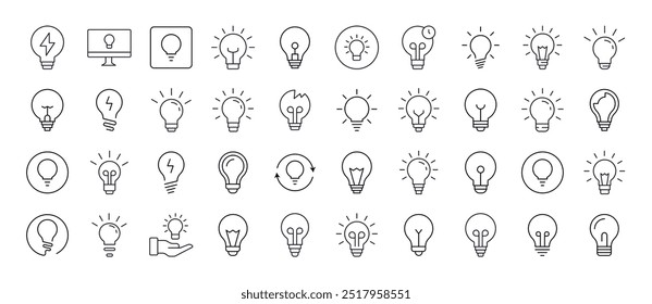 Glühbirnen, Lampen Sammlung von dünnen Symbolen. Bearbeitbarer Strich. Geeignet für Webseiten, Bücher, Karten, Apps