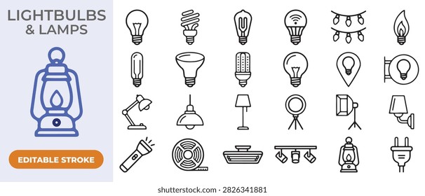 Lightbulbs and lamps line icon set. Minimalist lighting equipment vector illustration. Clean thin stroke design containing electric bulb, desk lamp, LED strip, flashlight, and lantern.