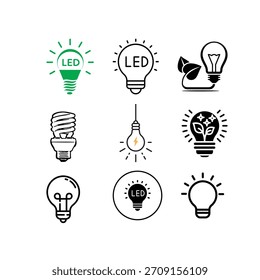 Lightbulbs and lamps outline simple linear icon collection with editable stroke suitable for websites, books, cards, and apps.
