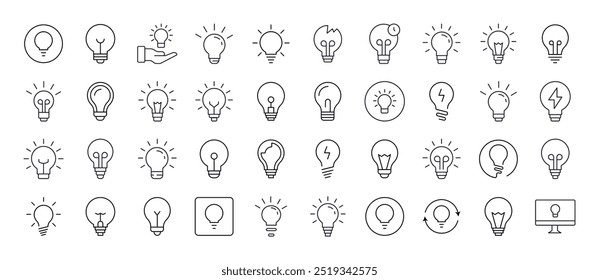Bombillas, lámparas Pack de iconos delgados. Trazo Editable. Conveniente para los Sitios web, libros, tarjetas, App 