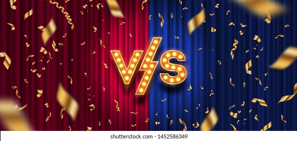 Lightbulbs letters versus logo, golden confetti on red and blue curtain background. VS logo for games, battle, performance, show, match, sports or fight competition, Game concept of rivalry. VS. 