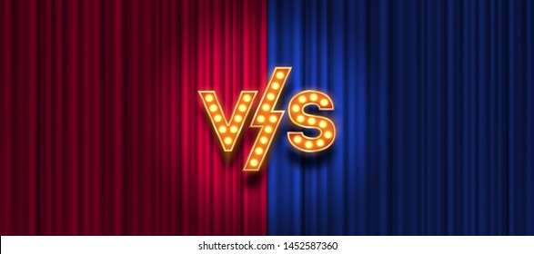 Lightbulbs letters versus logo on red and blue curtain background. VS logo for games, battle, performance, match, sports or fight competition, Game concept of rivalry. VS. Vector illustration