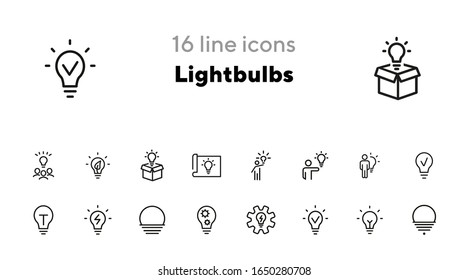 Leuchtstofflampen Linie Symbol gesetzt. Satz von Zeilensymbols auf weißem Hintergrund. Frische Idee, Lampe, Mann. Kreativitätskonzept. Vektorillustration-Illustration kann für Themen wie Business, Development, Science