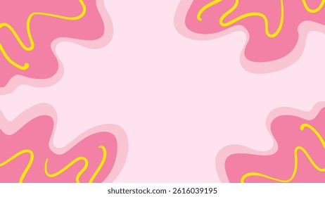 A light-colored background framed by four abstract, pink shapes with yellow lines.