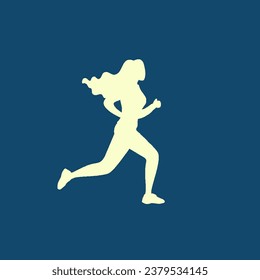 A light-colored female figure is running against a dark blue background. Her hair flows behind, suggesting movement and speed.