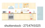 Light-colored kitchen interior on a white background. Kitchen furniture. Kitchen with dishes and appliances.