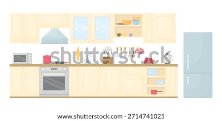 Light-colored kitchen interior on a white background. Kitchen furniture. Kitchen with dishes and appliances.