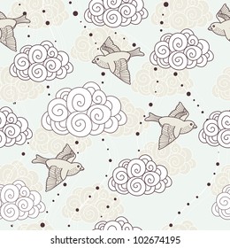 light-colored seamless pattern with flying sparrows and clouds