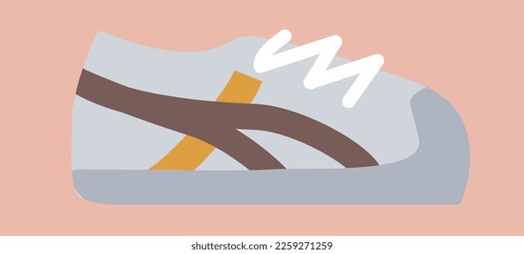 light-colored sneaker with multi-coloured stripes