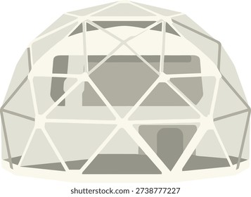 A light-colored, transparent vector illustration of a geodesic dome structure, representing futuristic sustainable housing and eco-living.