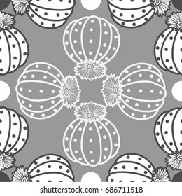 Light&dark gray outline succulents on gray background. Roundabout pattern style. Seamless pattern vector illustration.
