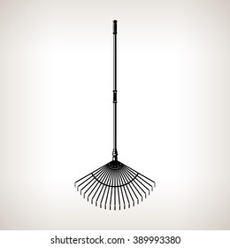 Light-duty Leaf Rake for Leaves and Grass, Silhouette Garden Rake on a Light  Background, Agricultural Tool ,  Black and White Vector Illustration
