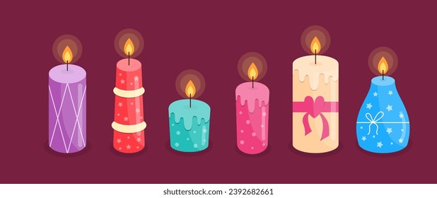 Lighted Aroma Candles Bright Cartoon Collection. Comfort Theme, Home Design and Holiday Elements. Candle Colorful Vector Set.