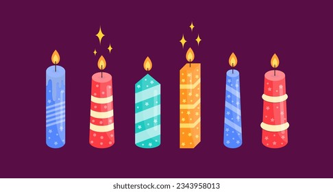 Lighted Aroma Candles Cartoon Set. Comfort Theme, Home Design, Aromatherapy Elements. Candle Colorful Drawn Vector Set.