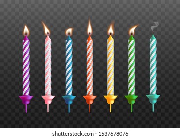 Lighted birthday cake colorful candles 3d realistic vector illustrations set isolated on transparent background. Birthday celebration party candles with burning flame.