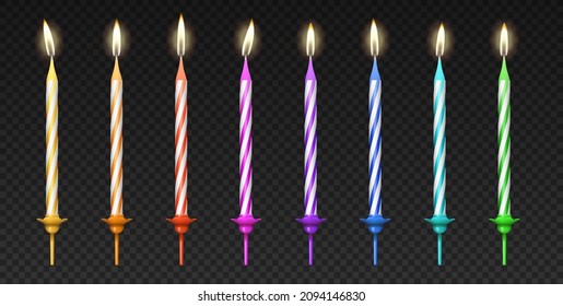 Lighted birthday cake colorful candles 3d realistic set isolated on transparent background. Birthday celebration party candles with burning flame. Vector illustrations