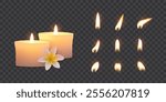 Lighted candle with flower plumeria and collection of different flame lights for candle isolated on transparent background. Realistic candlelight fires vector illustration set for spa, beauty, salon.