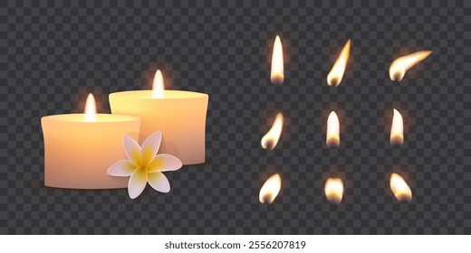 Lighted candle with flower plumeria and collection of different flame lights for candle isolated on transparent background. Realistic candlelight fires vector illustration set for spa, beauty, salon.