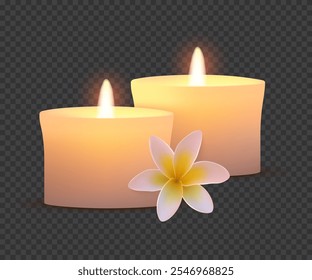 Vela encendida con plumeria de flores aislada sobre fondo transparente. Ilustración vectorial realista a la luz de las velas para spa, belleza, masaje, salón de bienestar o relajación y aromaterapia.