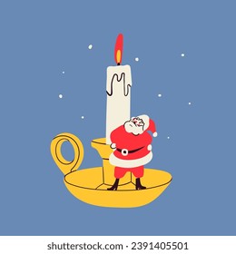 Lighted candle on a brass candleholder. Little Santa Claus standing on it. Hand drawn modern Vector illustration. Isolated design element. Party decoration, postcard, New Year celebration concept