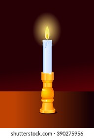 Lighted candle on holder with dark background vector illustration