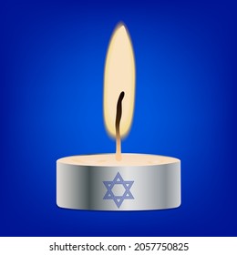 Lighted candle, Star of David - blue background - vector. Traditional religious national holiday. Hanukkah.