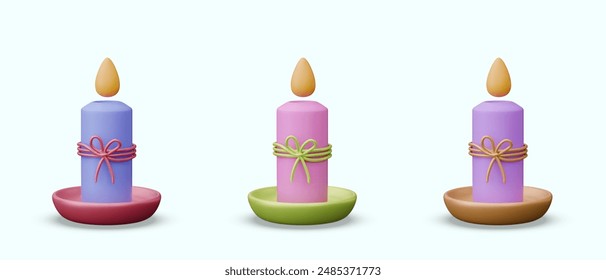 Lighted candle tied with string. Set of decorative elements for holiday, party
