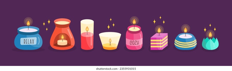 Lighted Candles Cartoon Collection. Comfort Theme, Home Design, Aromatherapy and Romance Elements. Aroma Candle Colorful Drawn Vector Set.