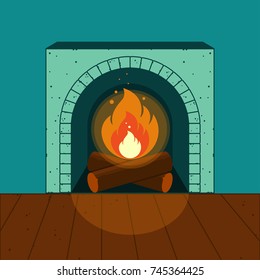 A lighted fireplace on the background of a cozy interior. Vector illustration