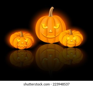 Lighted Jack-O-Lanterns (Halloween pumpkins). Vector eps-10.