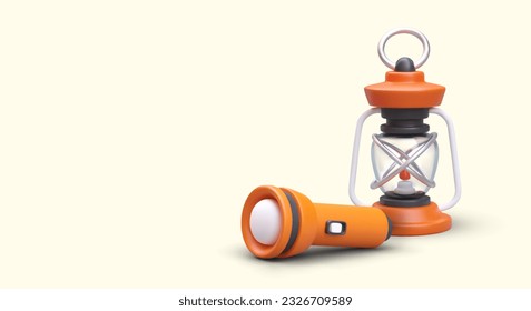 Lighted kerosene lamp, flashlight. Portable tourist lighting sources of various types. Poster with realistic illustration and place for logo, emblem, text