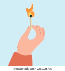 Coincidencia luminosa en la ilustración portadora plana de mano humana. Peluquería de madera quemada con fondo azul. Peligro, incendio, concepto de advertencia para banner, diseño de sitio web o página web de aterrizaje