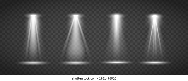 Escena iluminada. Luminosidad blanca brillante con focos, efectos de luz del proyector, escena. El foco brilla en el escenario. Efectos luminosos brillantes aislados sobre un fondo transparente. Ilustración del vector