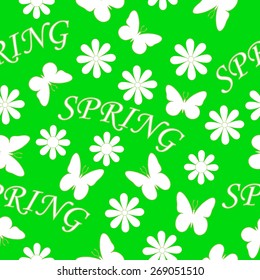 Lighted spring pattern with butterflies and flowers. Green pattern spring. The word Spring.