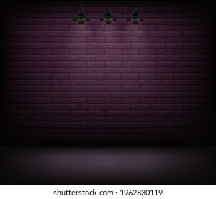 Lighted stage with neon brick wall behind, vector background