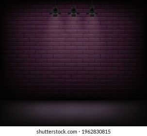 Lighted stage with neon brick wall behind, vector background