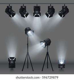 Lighted stage with studio spotlights vector illustration