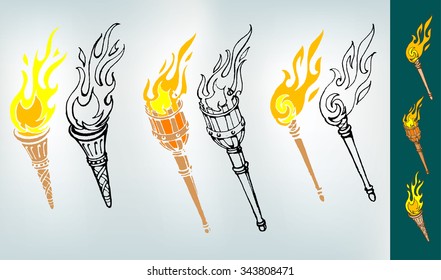 Lighted Torch Collection-set Of Different Era Of Torch Design, Greek, Dungeon, Prehistoric Styles